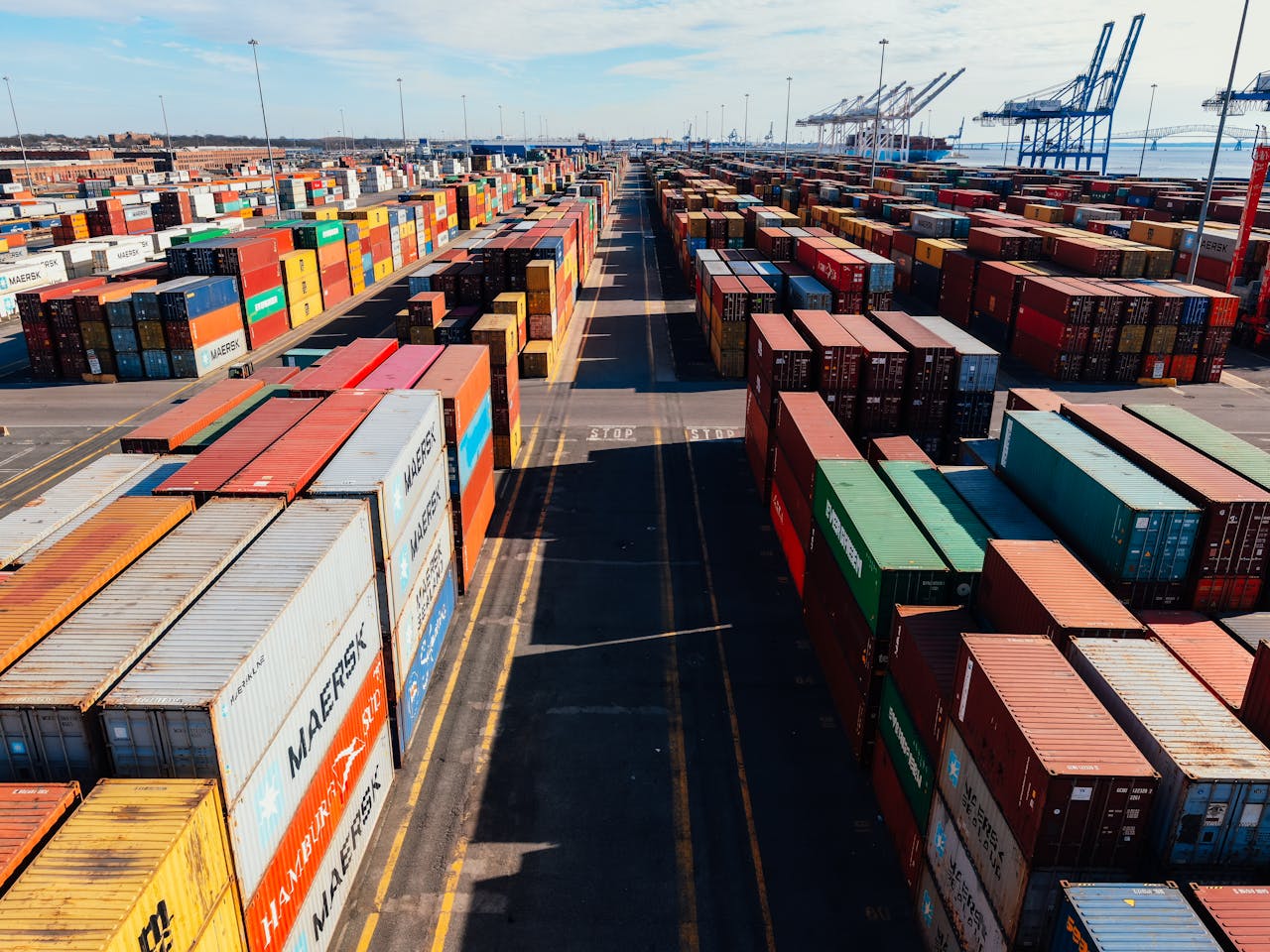 Stacked intermodal shipping containers at a port