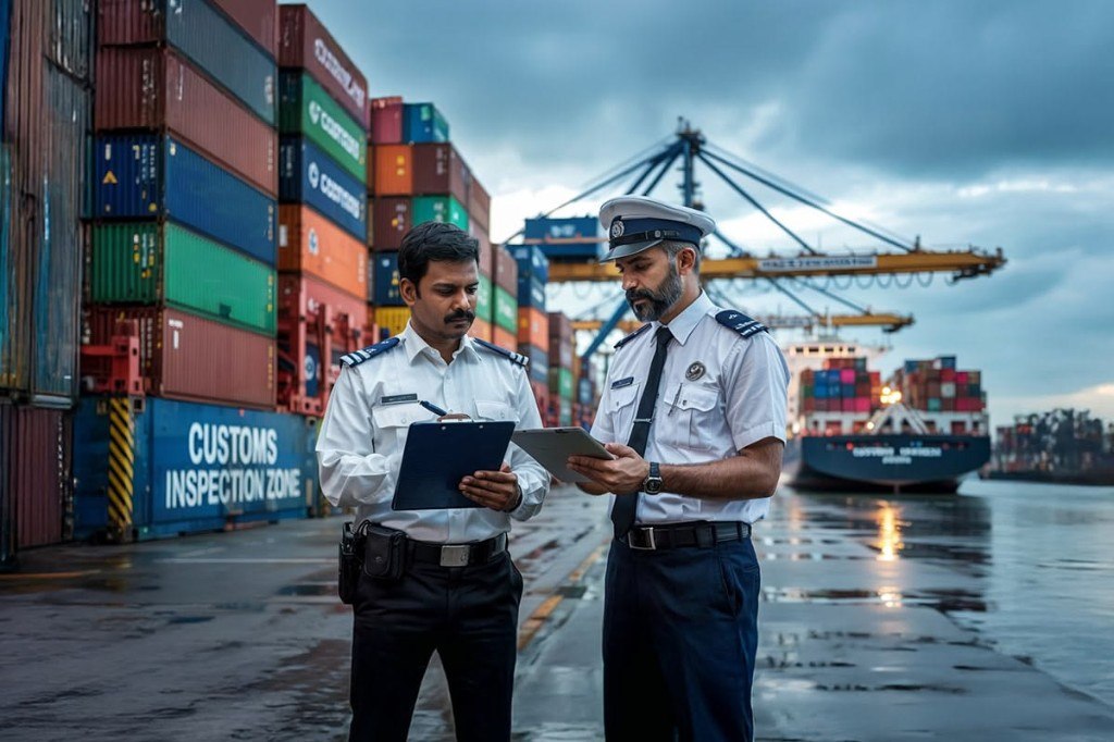 International cargo vessel and containers at a busy trade port