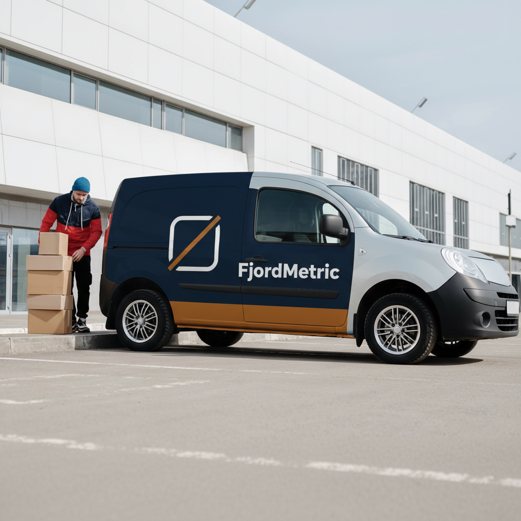 FjordMetric branded delivery van parked at a warehouse loading area
